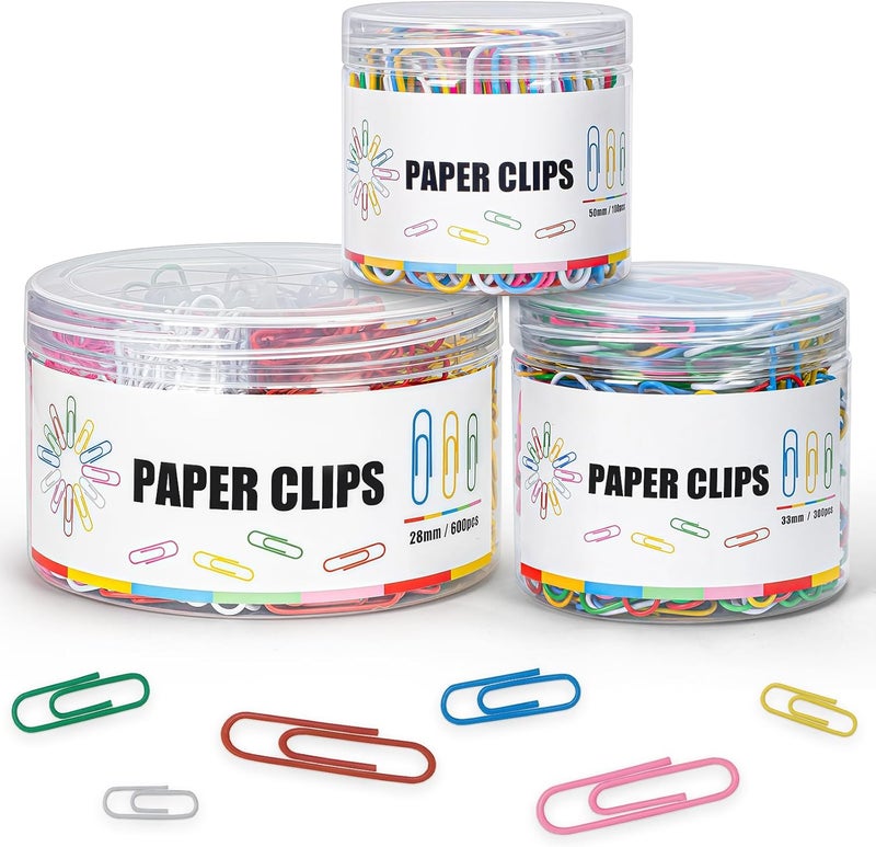 BainGesk 1000 Paper Clips Assorted Sizes, Large, Medium, and Small Colored Paper Clips, Durable, Rustproof, Great for Office Supplies, School, Home Organization(50mm, 33mm, 28mm) - Image 1